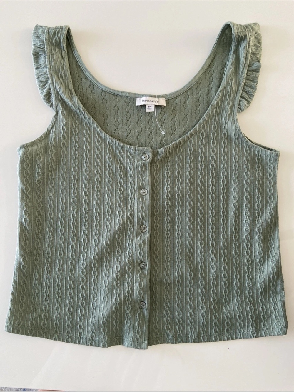 Francesca's Collections sage knit button-front ruffle tank